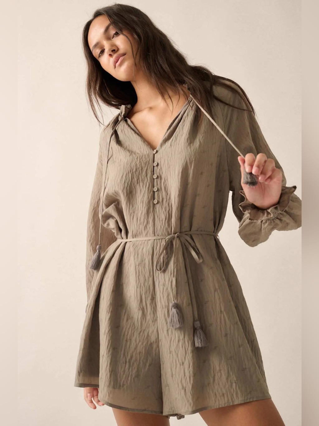Promesa Poetic Heart Jacquard Peasant Sleeve Belted Taupe Romper S